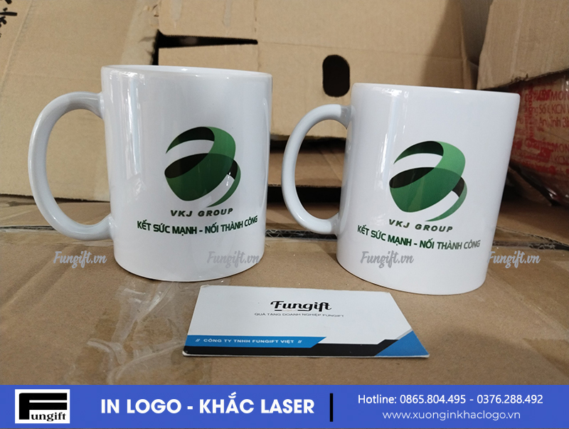 Bộ cốc giữ nhiệt khắc và cốc sứ in logo cho VKJ Group
