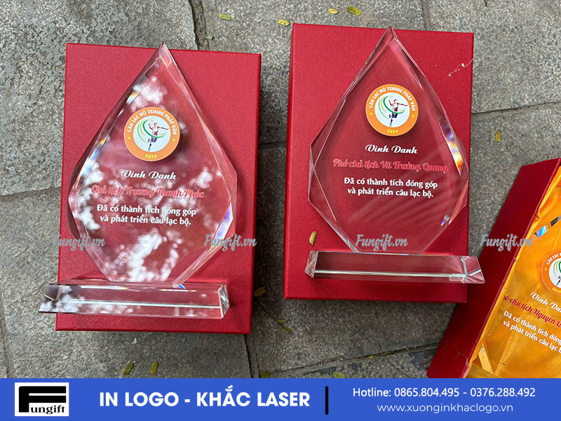 Cúp kỷ niệm chương pha lê in logo làm quà tặng