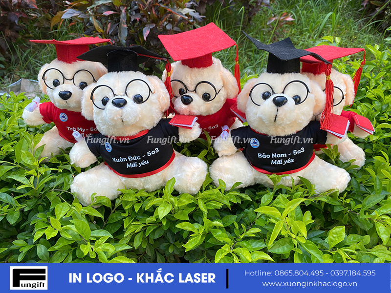 Gấu bông cử nhân in logo, tên học sinh làm quà tặng tốt nghiệp